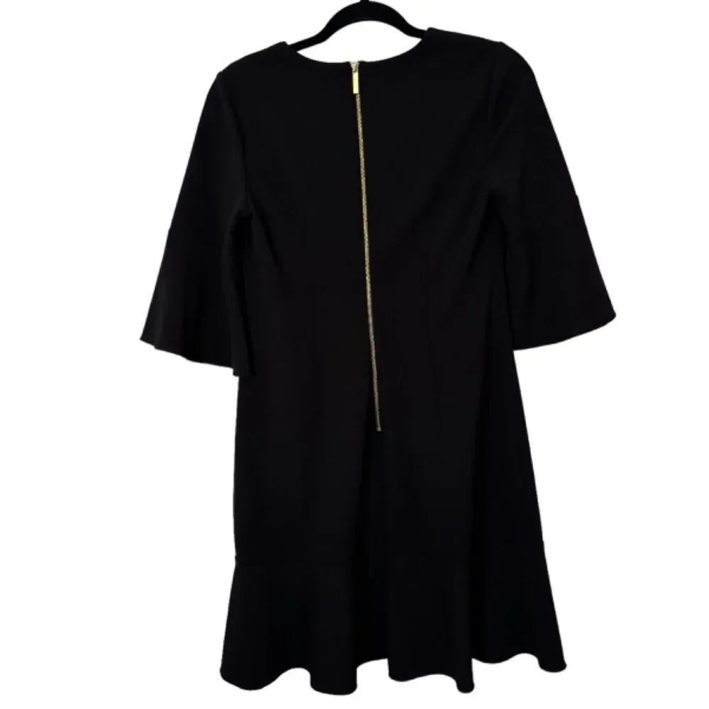 ELLEN TRACY Woman's Size 6 Black Bell Sleeve Ruffle Hem Exposed Back Zipper